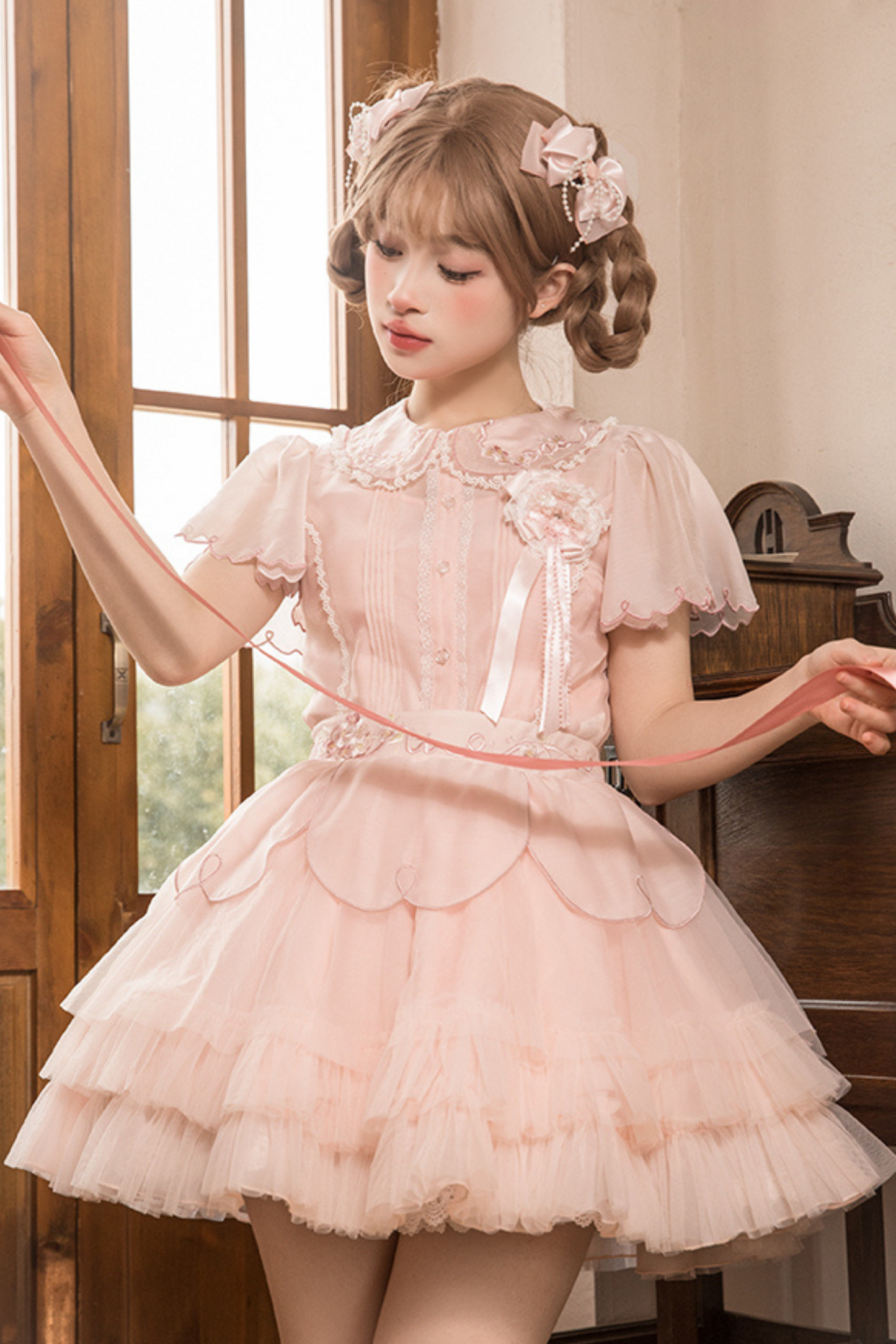 Cherry blossom color sweet princess Lolita dress + doll color top + sheer cardigan + apron