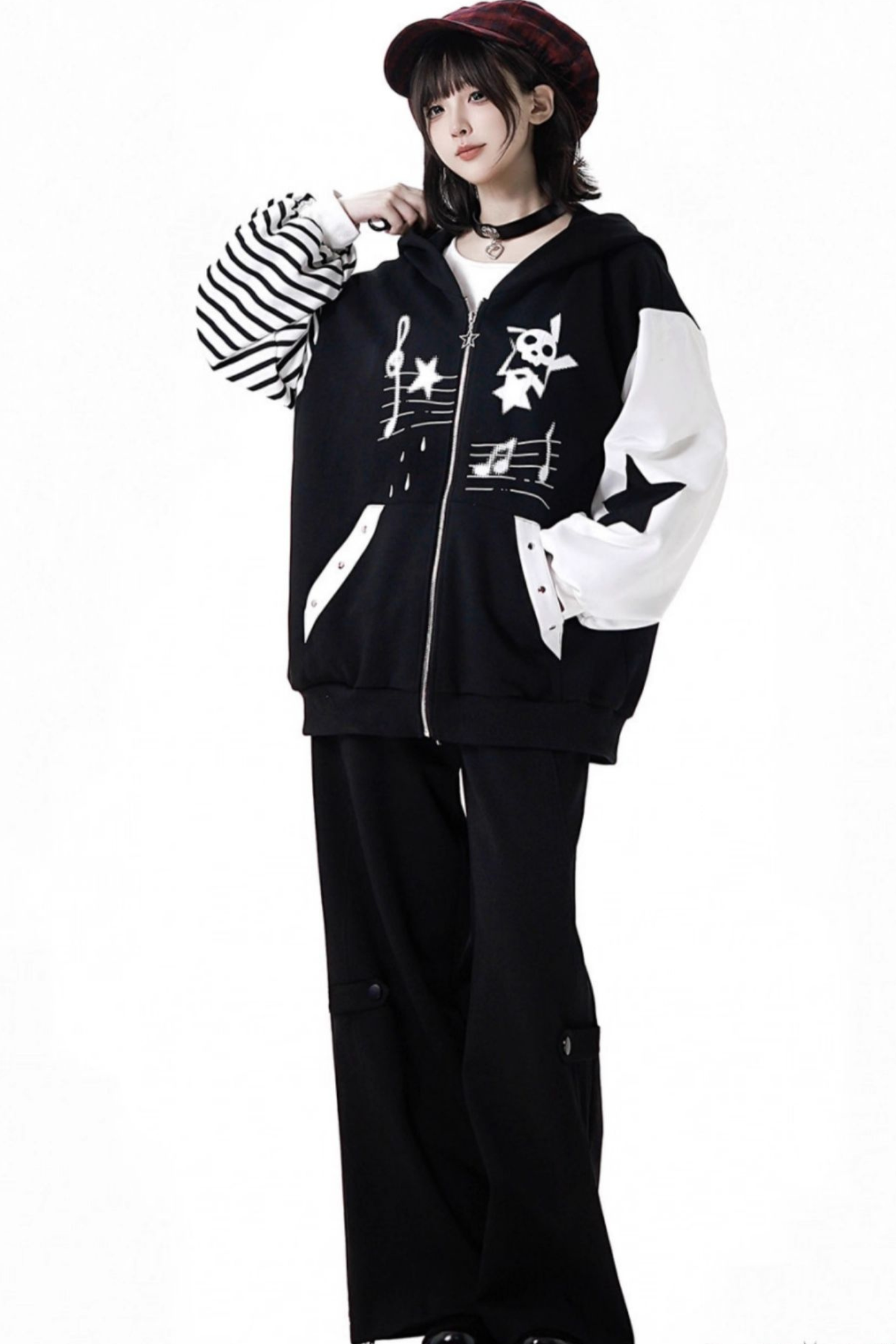 ストライプロックプリントフードジャケット+トップス+ロングパンツ+スカート