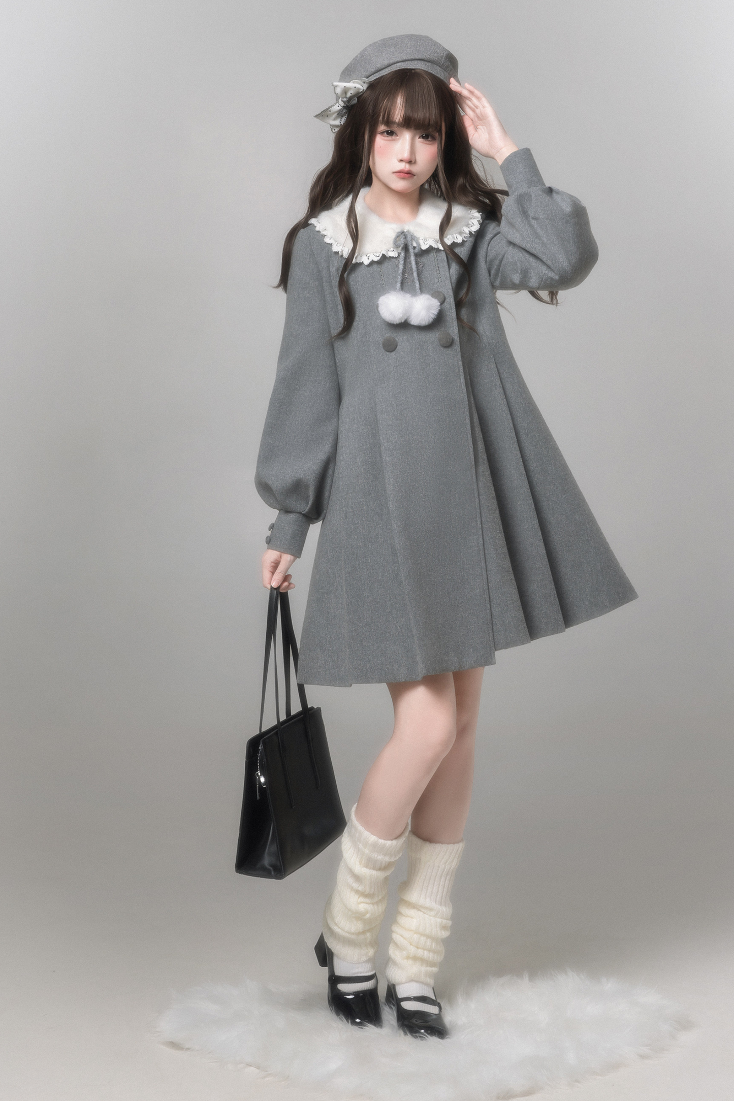 スイートフレアコート+スカート+シャツ+ベレー帽