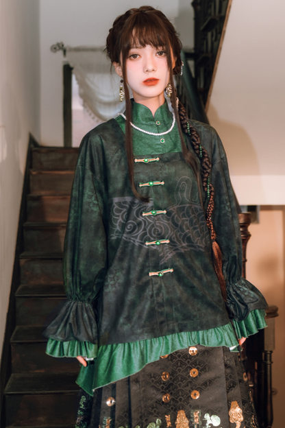 Dark China Flared Sleeve Top