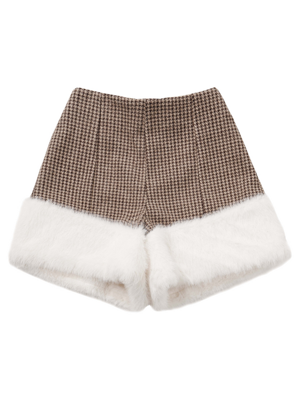 White Lovers Wool Fur Coat Check Suspenders Skirt + Snowball Short Top Fur Shorts Suit