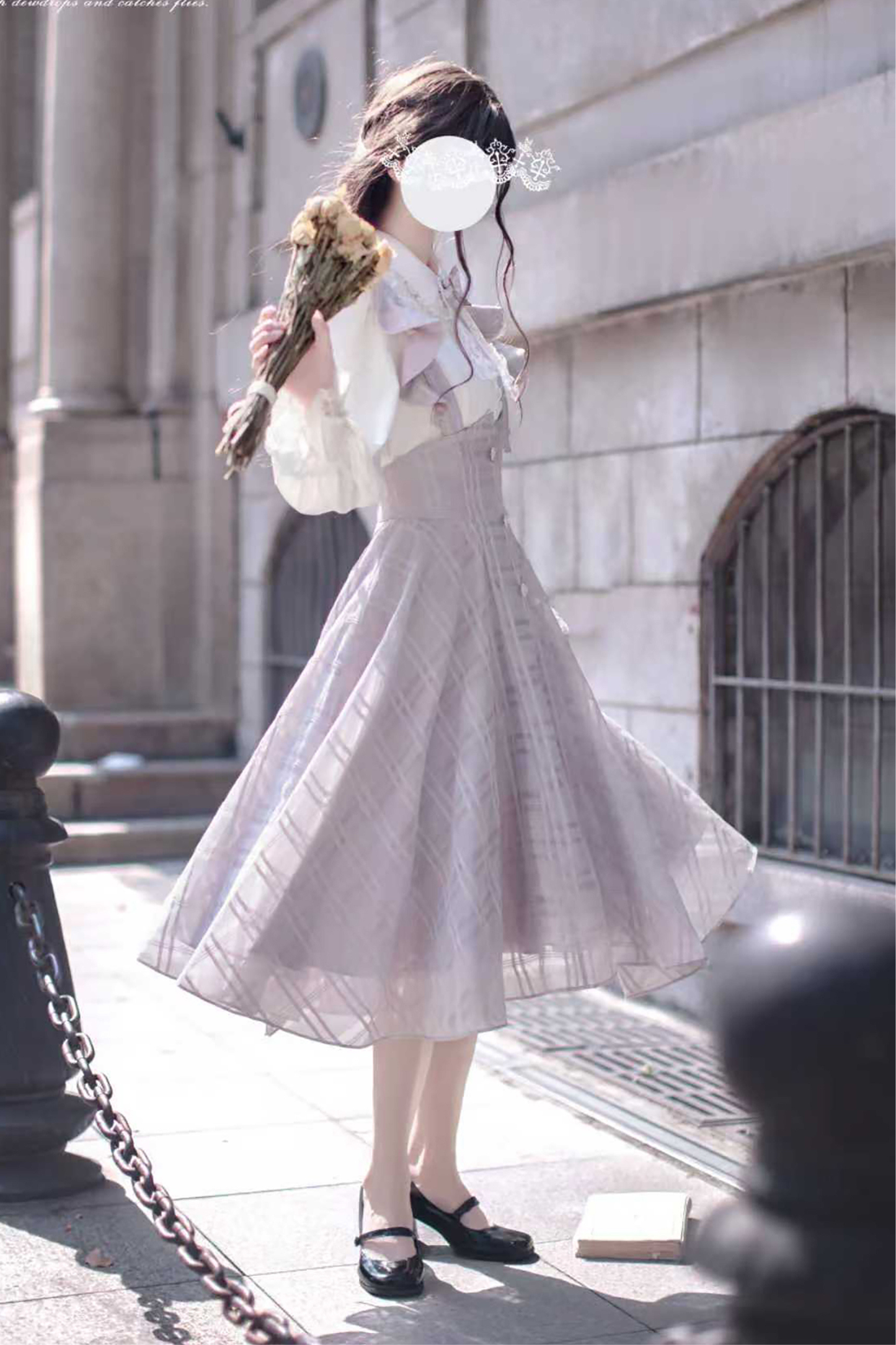 Retro sweet ruffle skirt + shirt + ribbon