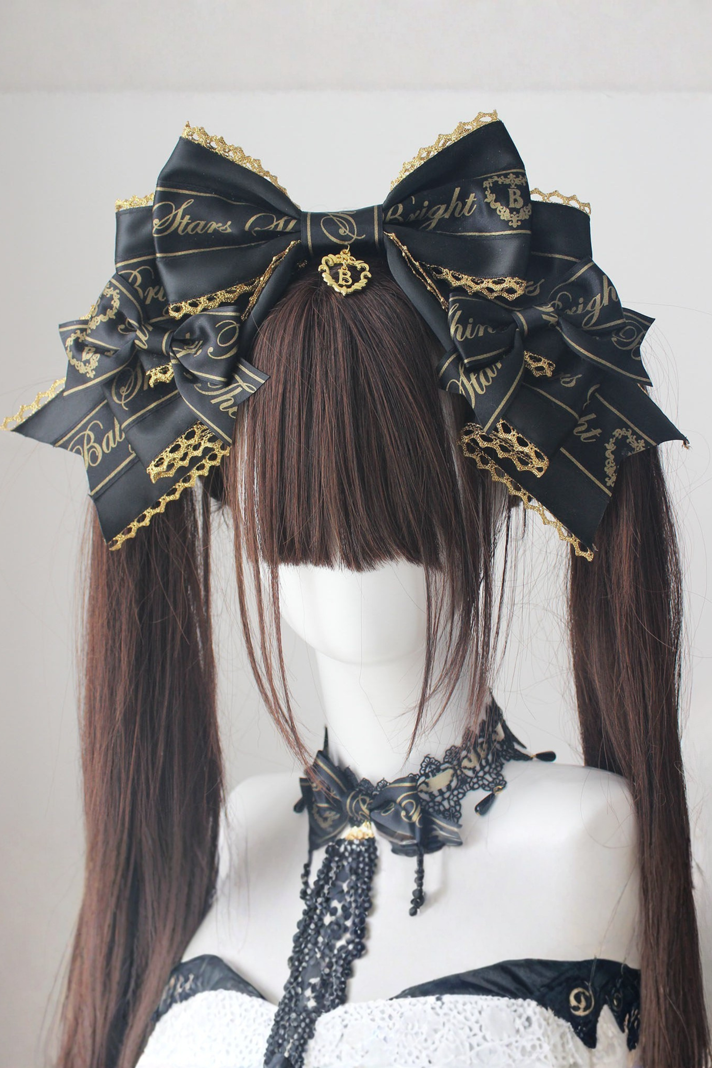 ブラックゴールドロリータヘッドバンド+リボンカチューシャ+チョーカー+ハットベール+スリーブ