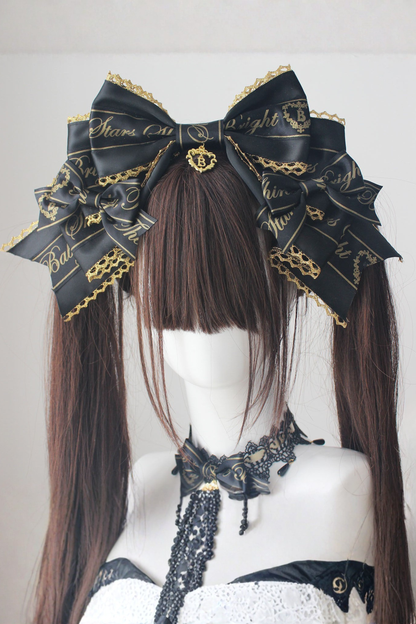 ブラックゴールドロリータヘッドバンド+リボンカチューシャ+チョーカー+ハットベール+スリーブ