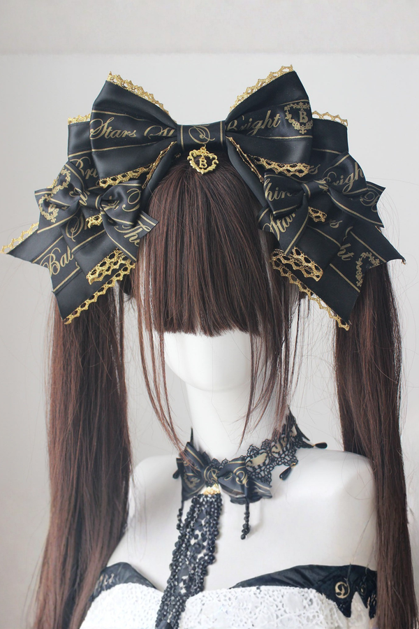 ブラックゴールドロリータヘッドバンド+リボンカチューシャ+チョーカー+ハットベール+スリーブ
