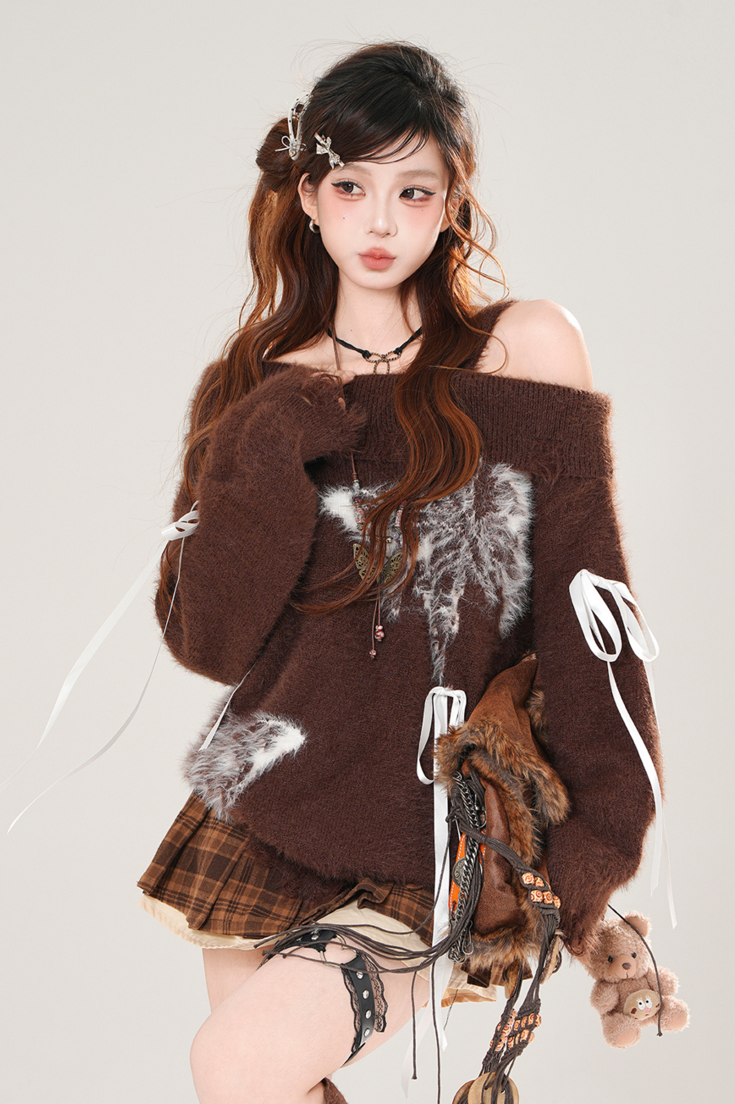 リボンオフショルダーニット