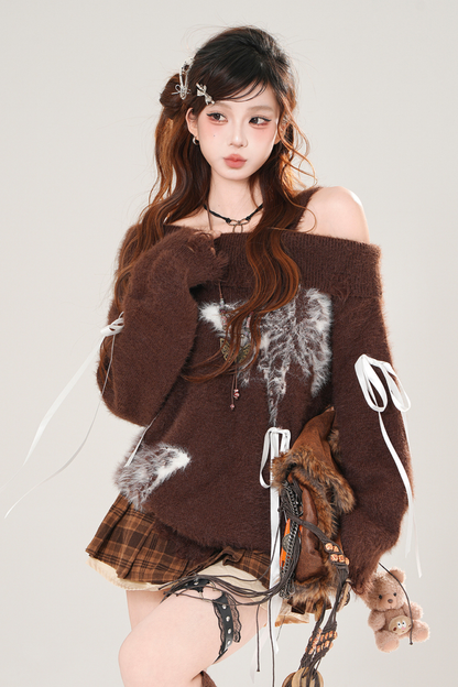 リボンオフショルダーニット