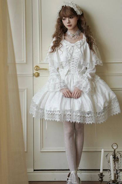 [Reserved Item] Pure White Multi-Wear Lolita Dress + Petticoat + Tail + Bonnet + Necklace + Ribbon