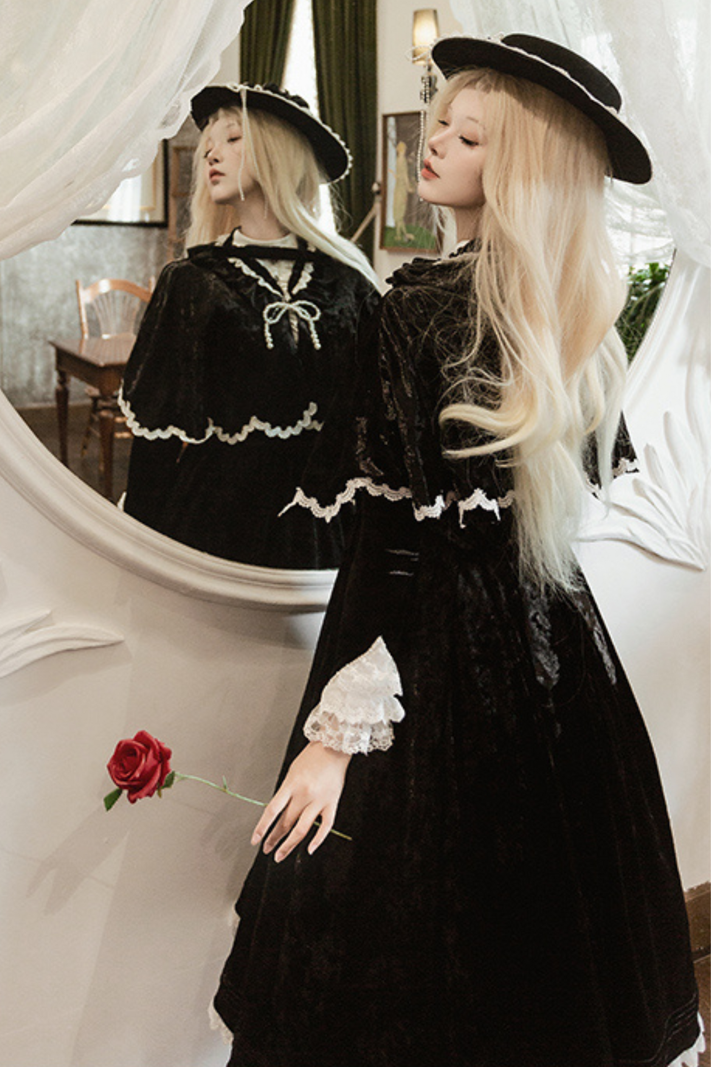 Dark Gothic Velvet Lolita Dress + Cloak + Hat