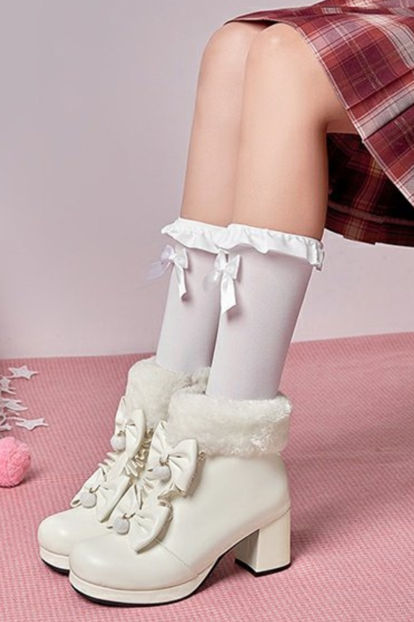 ダブルリボンファーショートブーツ
