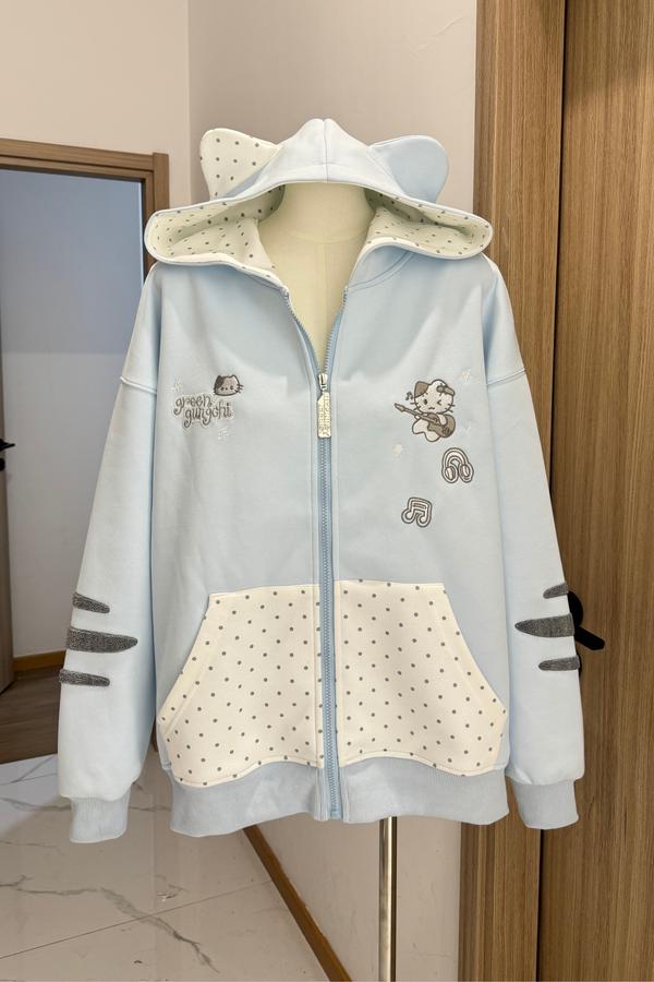 Cat Hood Dot Pocket Hoodie