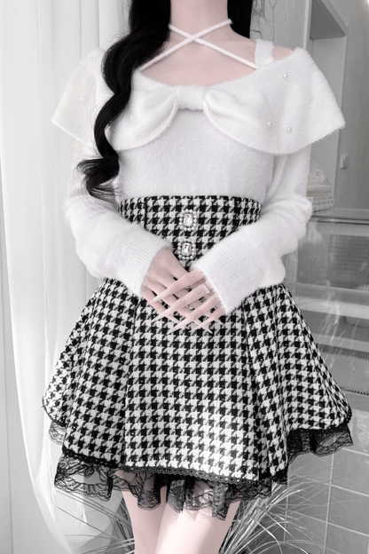 Ribbon mink velvet off-the-shoulder sweater