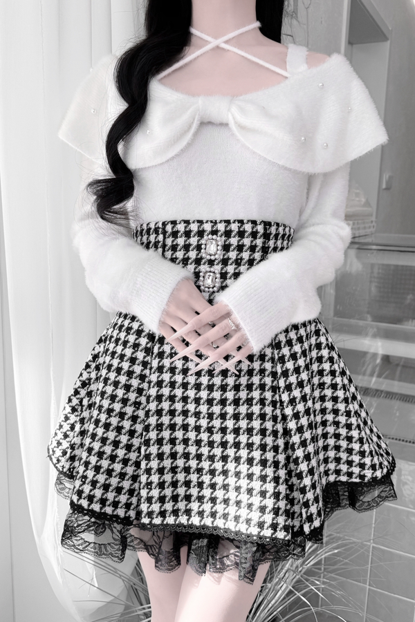 Ribbon mink velvet off-the-shoulder sweater