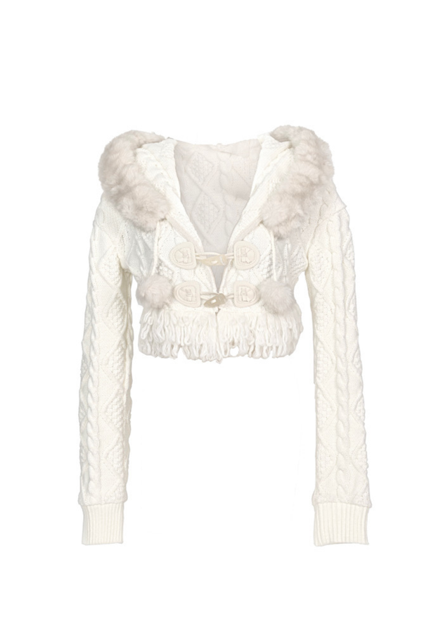 ファーフードケーブルニットカーディガン+ファーハット