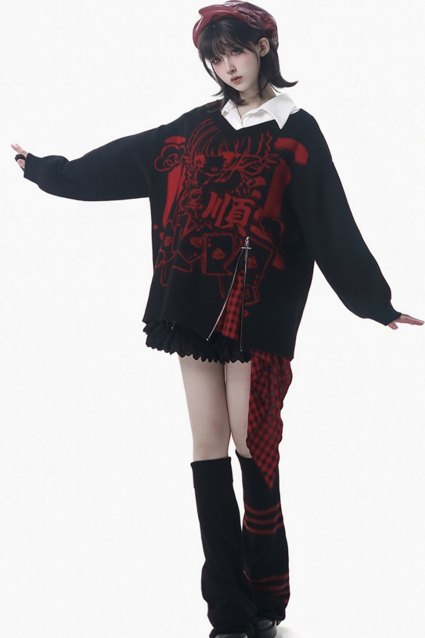 モードVネックニット+キュロット+スカート+レッグカバー+スカーフ