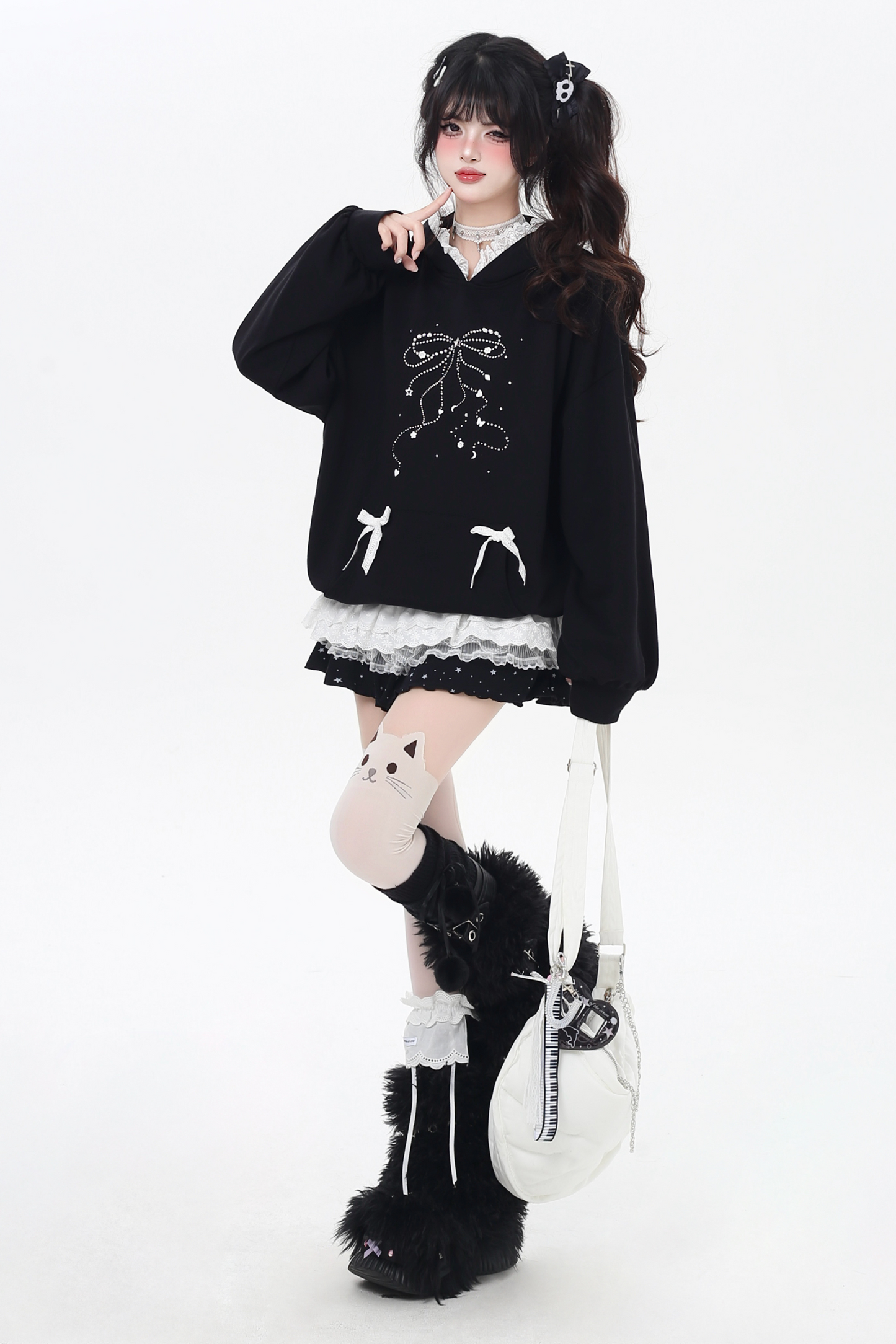 リボンデザインルーズフードスウェット