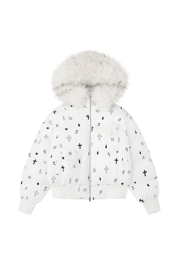 ファーフードクロスデザインダウンジャケット