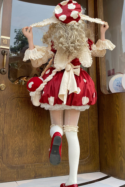 キノコドールワンピース+リボンフリルエプロン+フリルスリーブ+うさ耳ハット