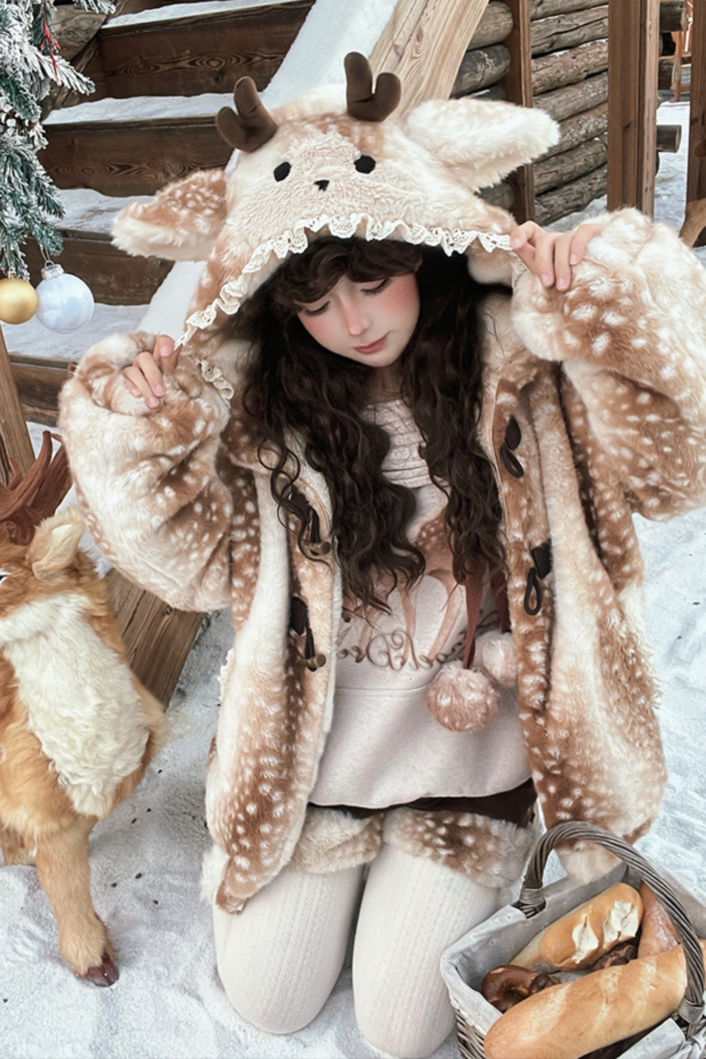 鹿柄フード付きホーンバックルファーコート