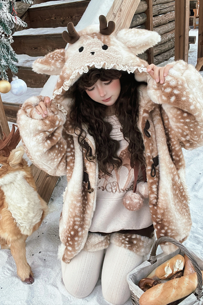 鹿柄フード付きホーンバックルファーコート