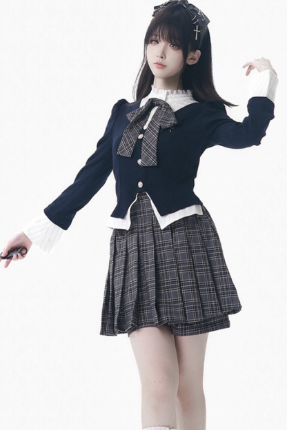 カレッジスリムフェイクツーピーストップス+チェックキュロット