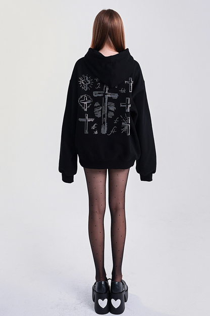 ビッグクロスデザインルーズフードパーカー