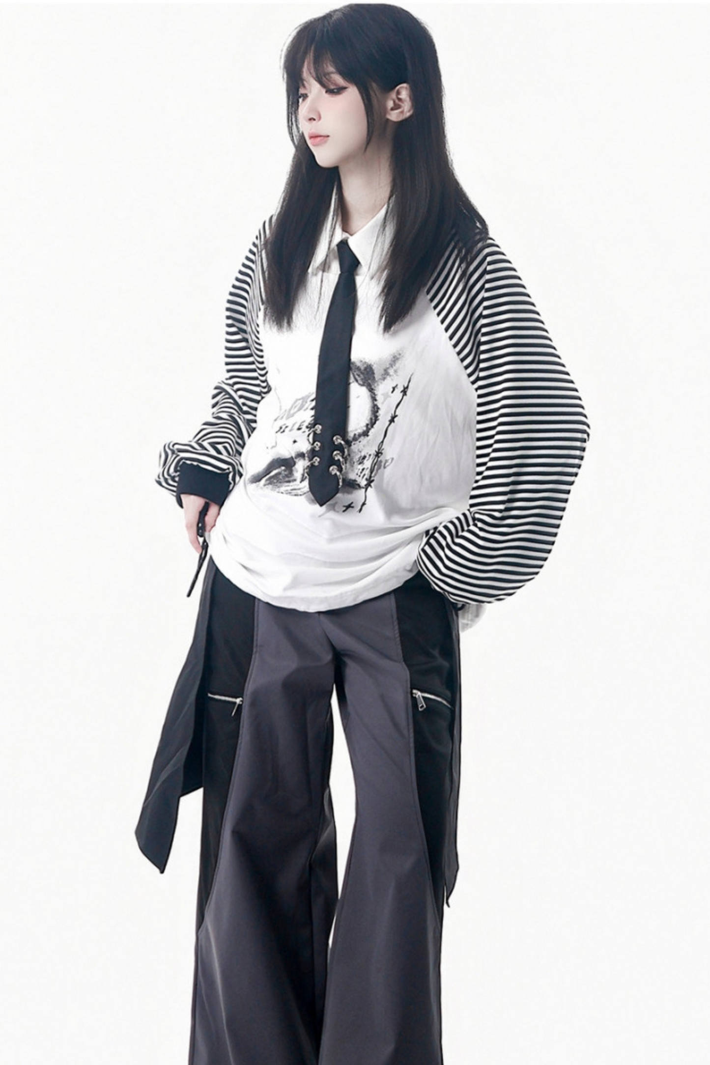 Dark gray color blocking jacket + pants + skirt + top