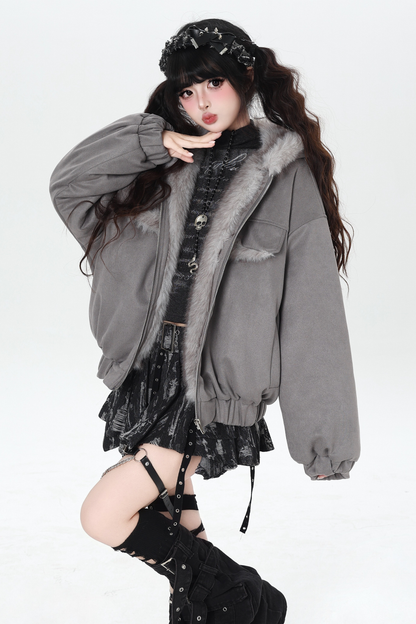 Rabbit Fur Hooded Suede Jacket