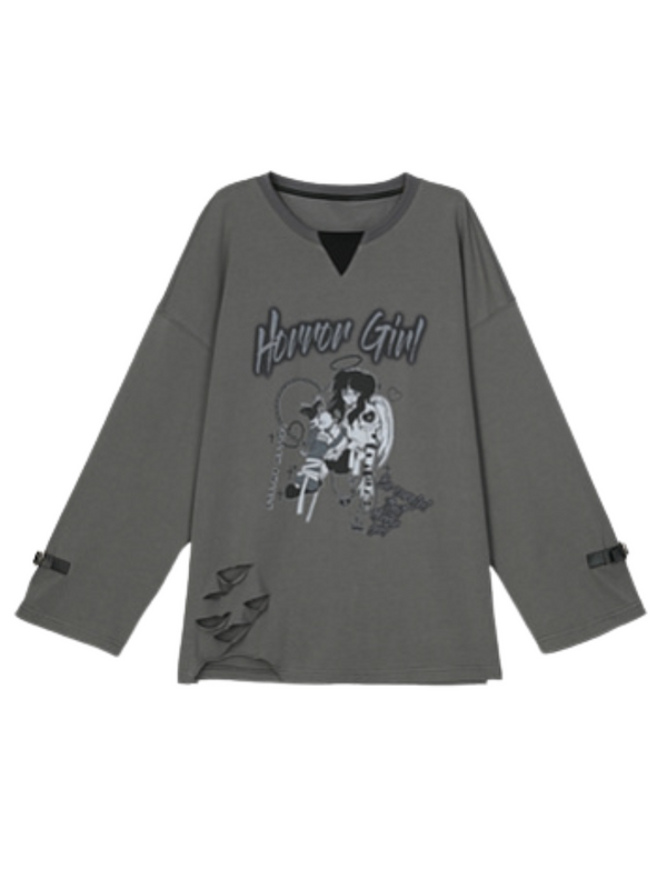 Horror Girl Print Short Halter Neck Fake Two Piece + Long T