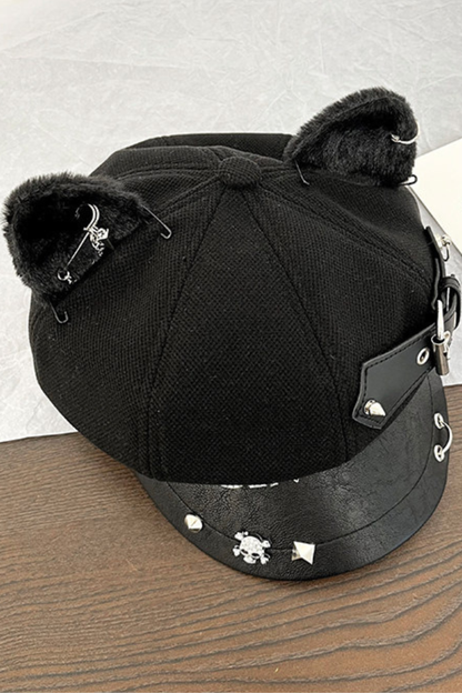 Studded Leather Cat Ear Beret
