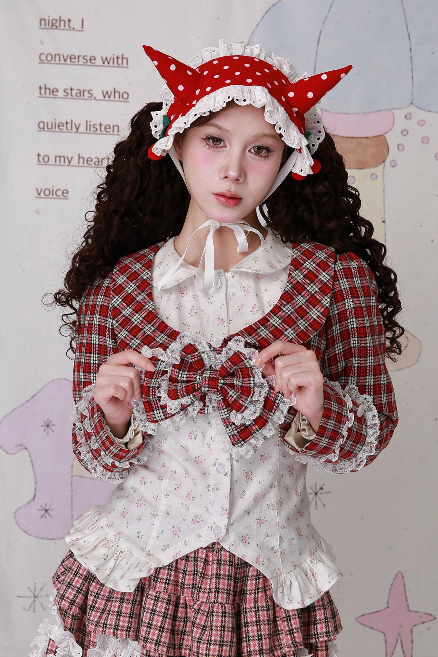 レトロチェックレースリボンショートジャケット