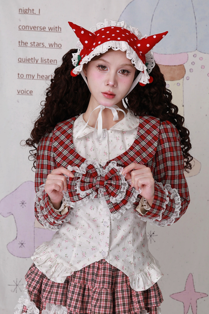 レトロチェックレースリボンショートジャケット