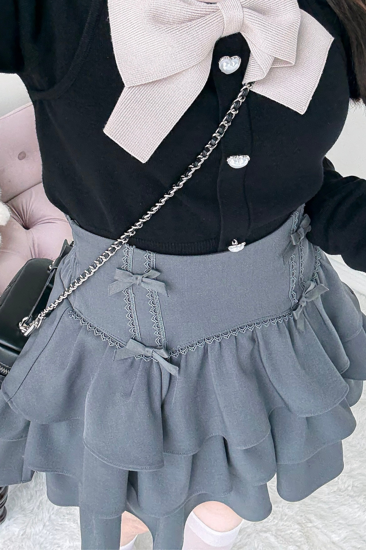 ビッグリボンニットトップス+スカート