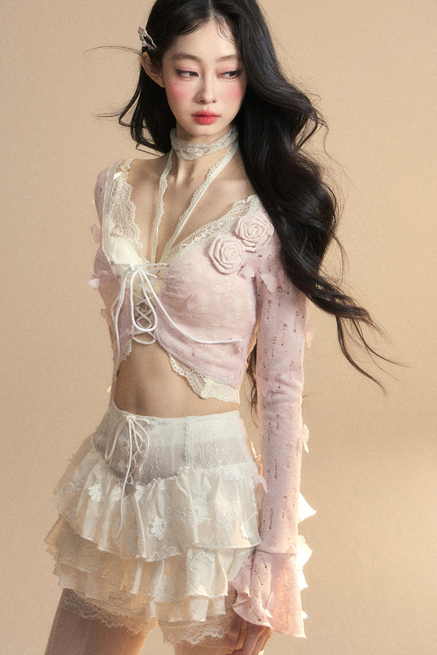 スイートハートドールレースカットアウトホルターネックトップス