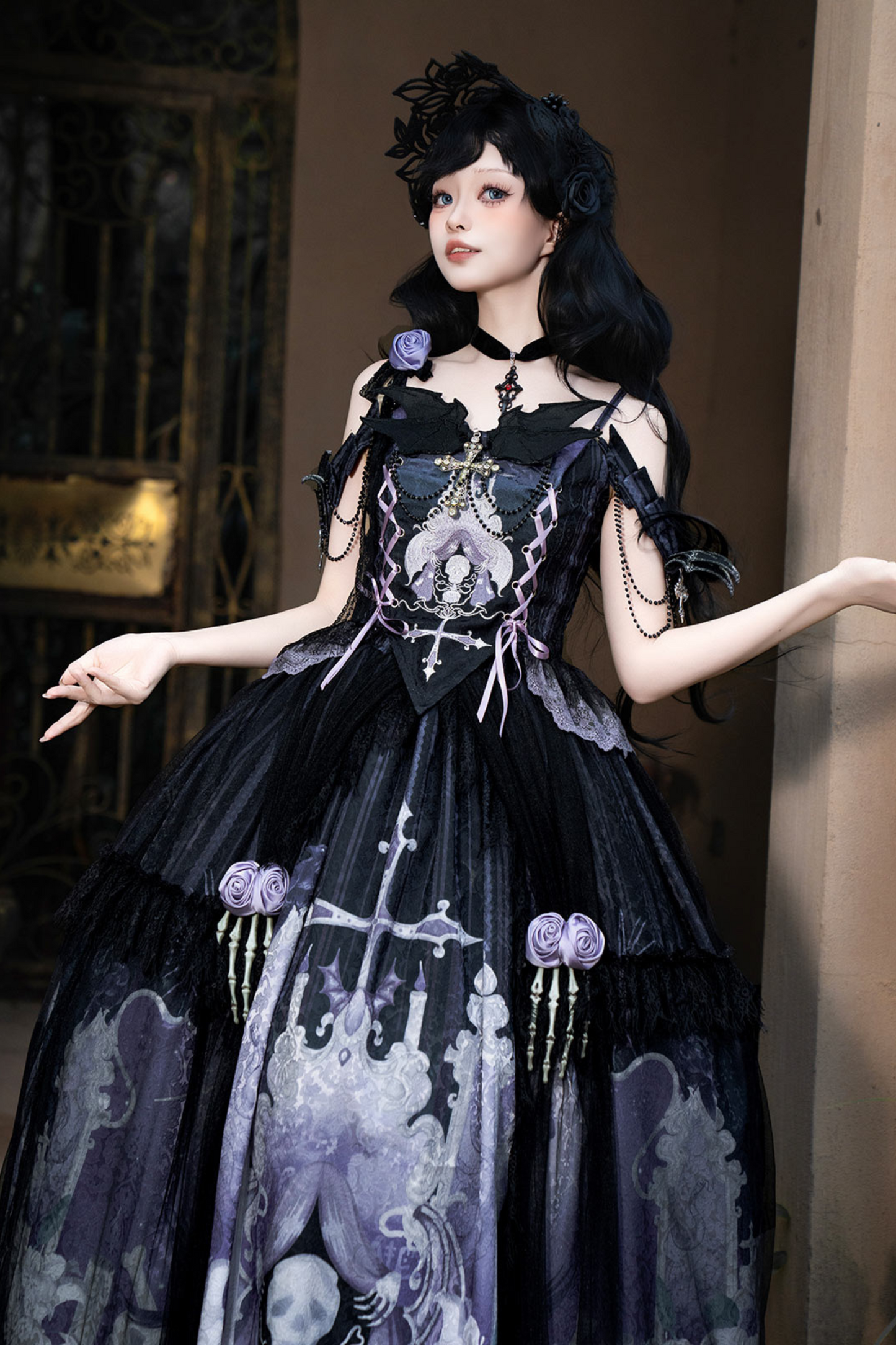 Gothic style dark camisole top + dark chic skull skirt