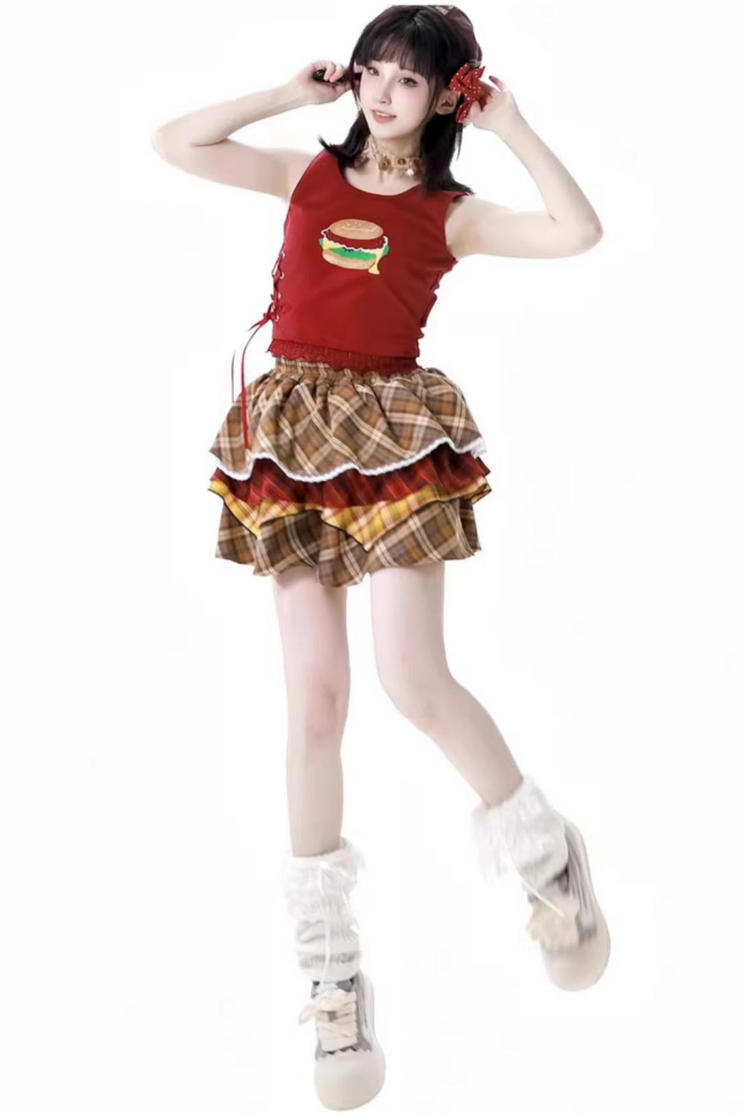 オーバーシャツ＋ノースリーブトップス＋ケーキスカート