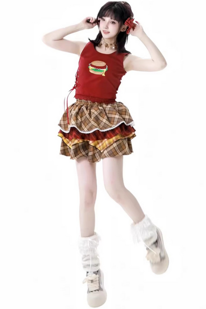 オーバーシャツ＋ノースリーブトップス＋ケーキスカート