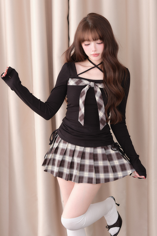 チェック柄リボンニットトップス+チェックスカート