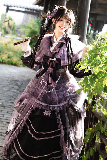 チャイナパープルフローラルドレス+アウタードレス+ロングスカート