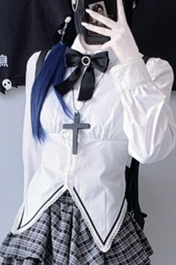 ゴシックスタイル+シャツ+チェックスカート+リボン+ネクタイ