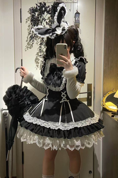 ダークレースアップストライプドロリータドレス+ラビットハット+スリーブ