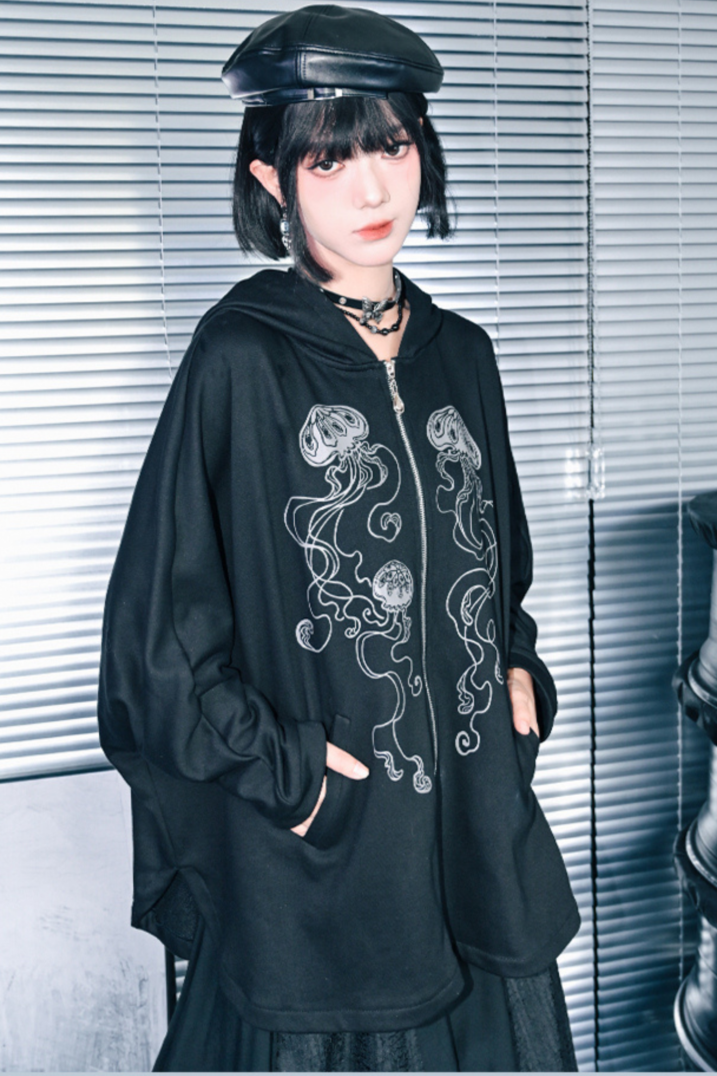 Draped Bat Sleeve Printed Hooded Hoodie