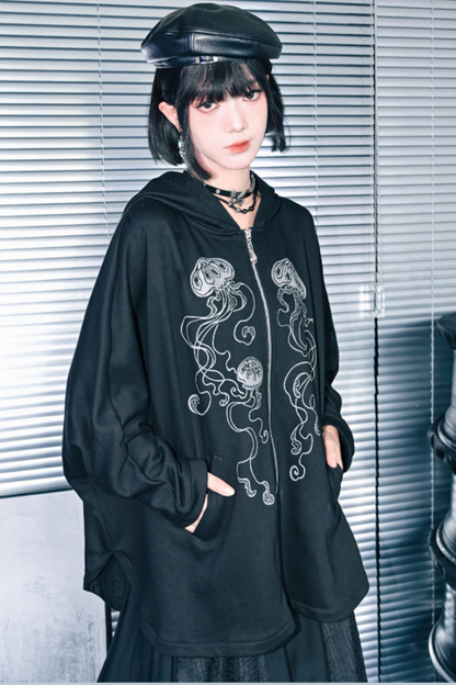 Draped Bat Sleeve Printed Hooded Hoodie