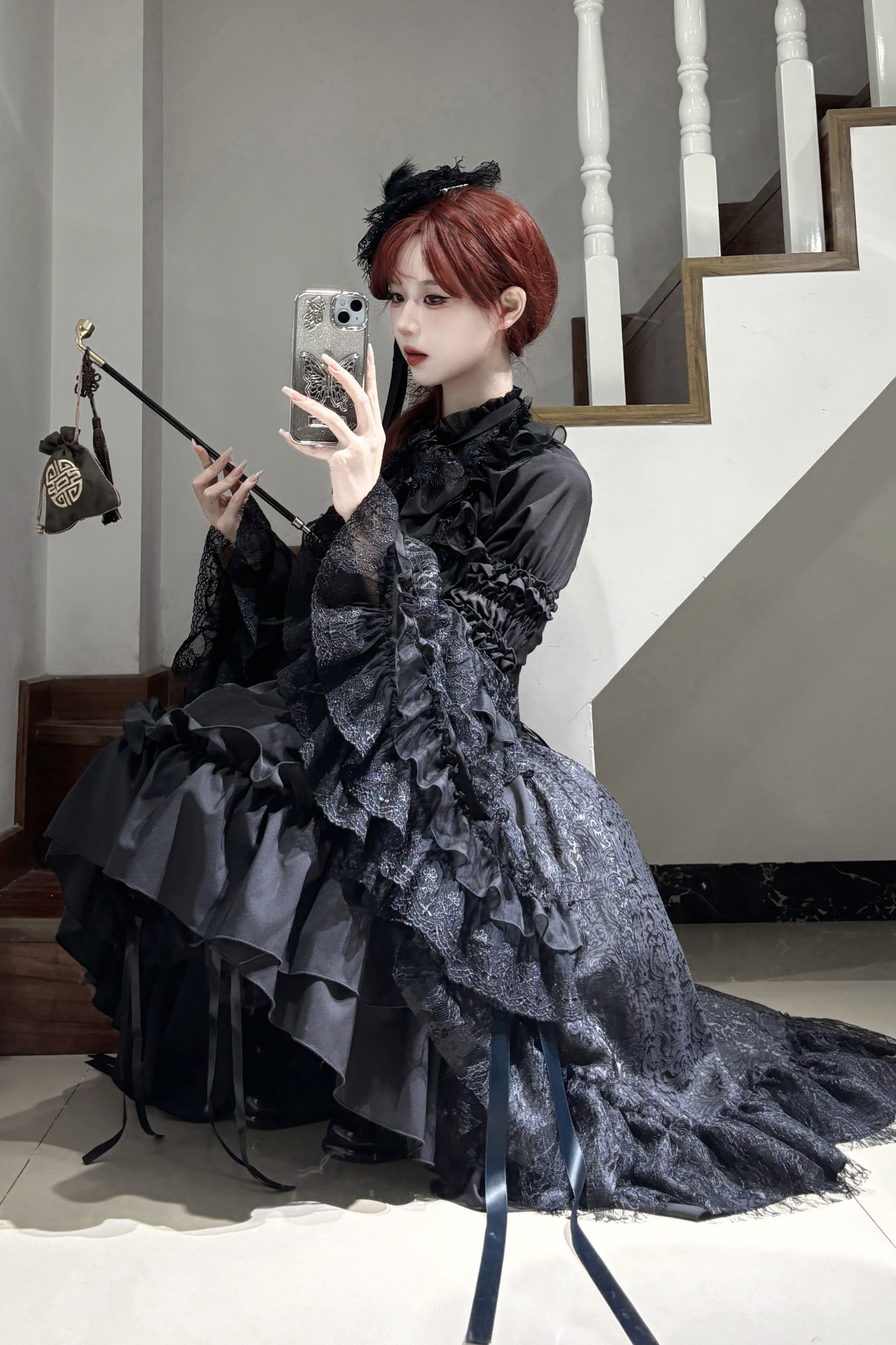 ゴシックスーパーゴージャスジスリーブロリータシャツ+フリルスカート+ハット