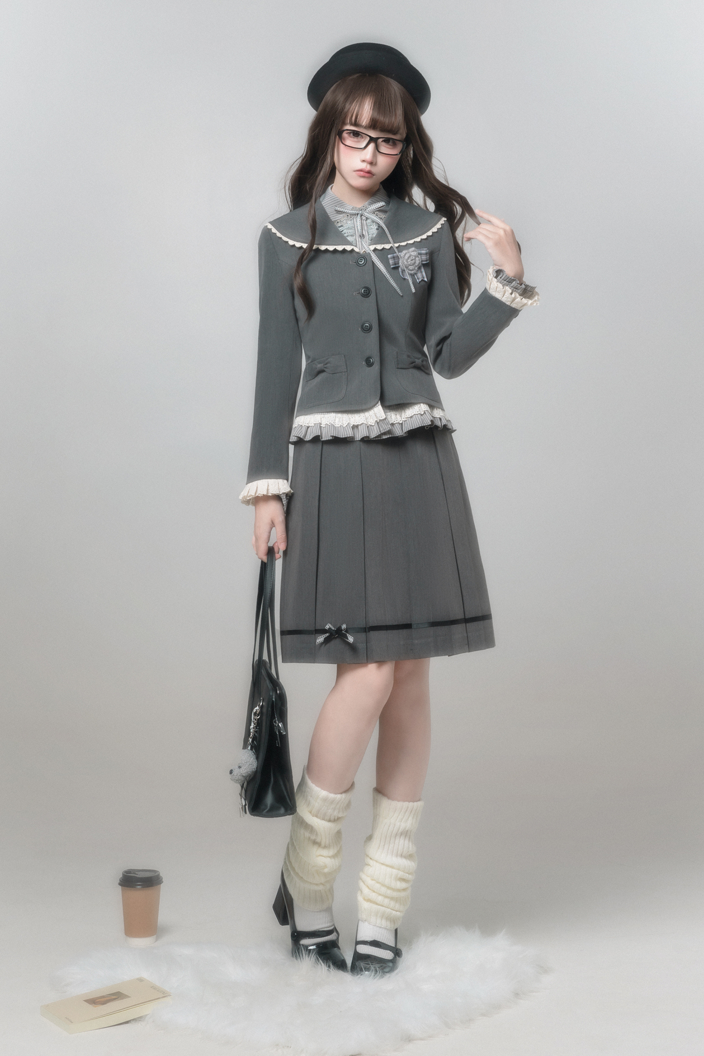 エレガントレトロカレッジジャケット+シャツ+スカート+ブローチ