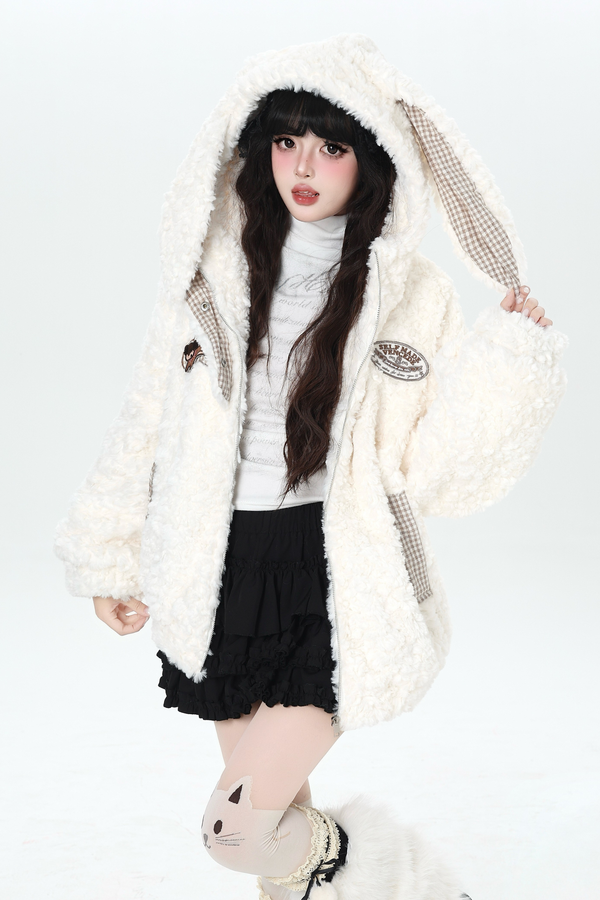 Check Long Bunny Ear Fur Jacket