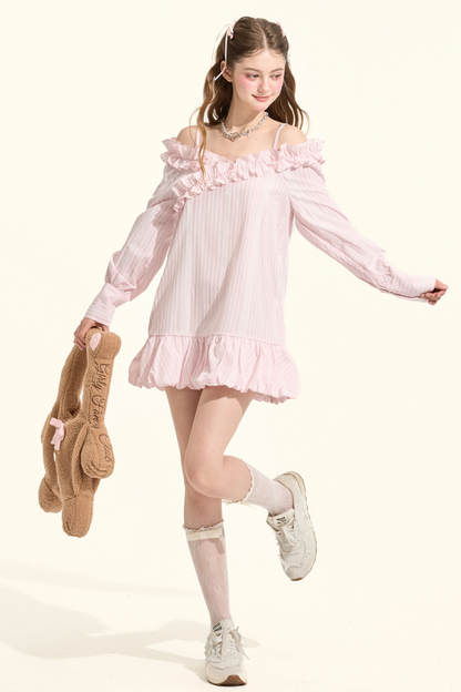 Pre-Fall Lace Striped Off-Shoulder Bubble Gown