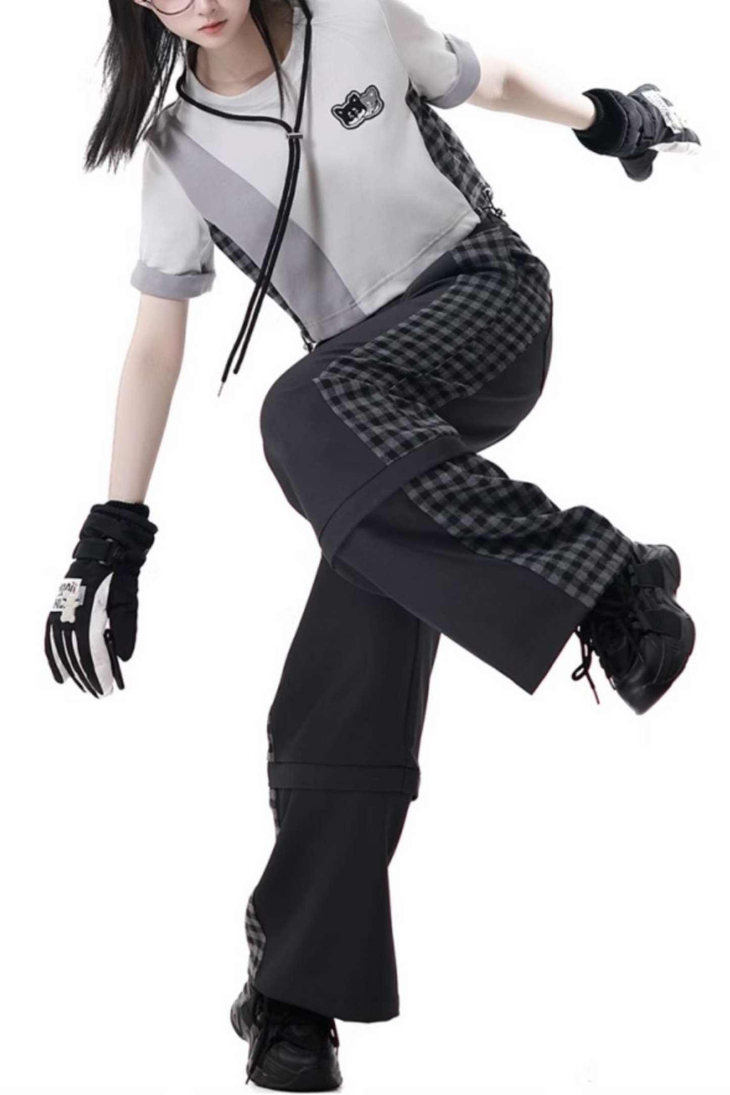 チェックショートトップス+チェックパンツ+フードトップス