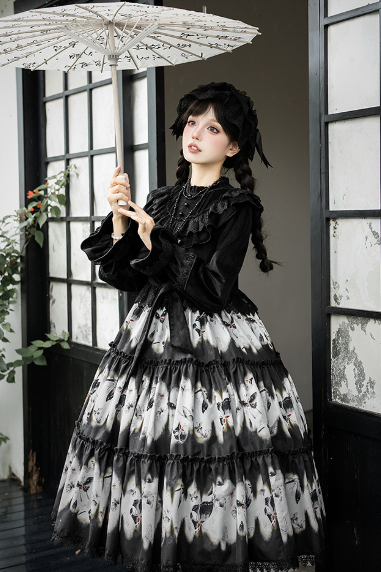 シックバタフライプリントスイングロリータドレス+ジャンパースカート+ヘアバンド+インナー+リボン