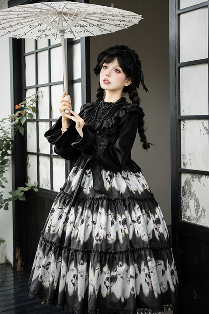 シックバタフライプリントスイングロリータドレス+ジャンパースカート+ヘアバンド+インナー+リボン